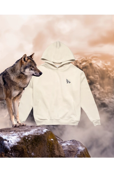 Bluza damska Basic z kapturem z wilkiem szarym - off white